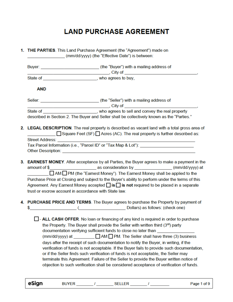 2023 Land Purchase Agreement Form Fillable Printable Pdf And Forms 