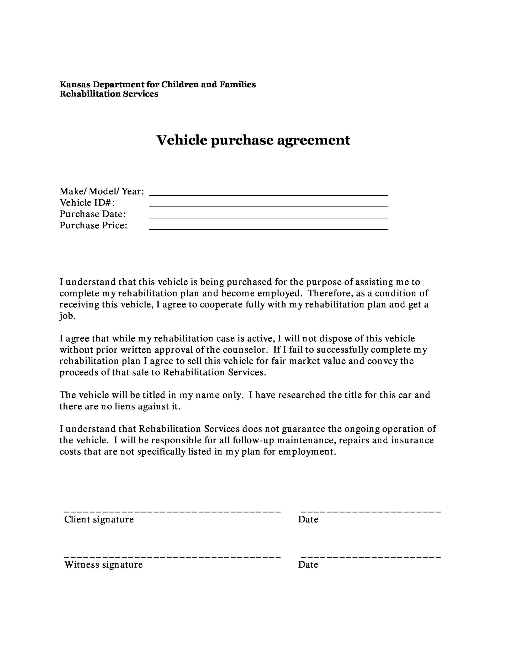 42 Printable Vehicle Purchase Agreement Templates Word PDF 