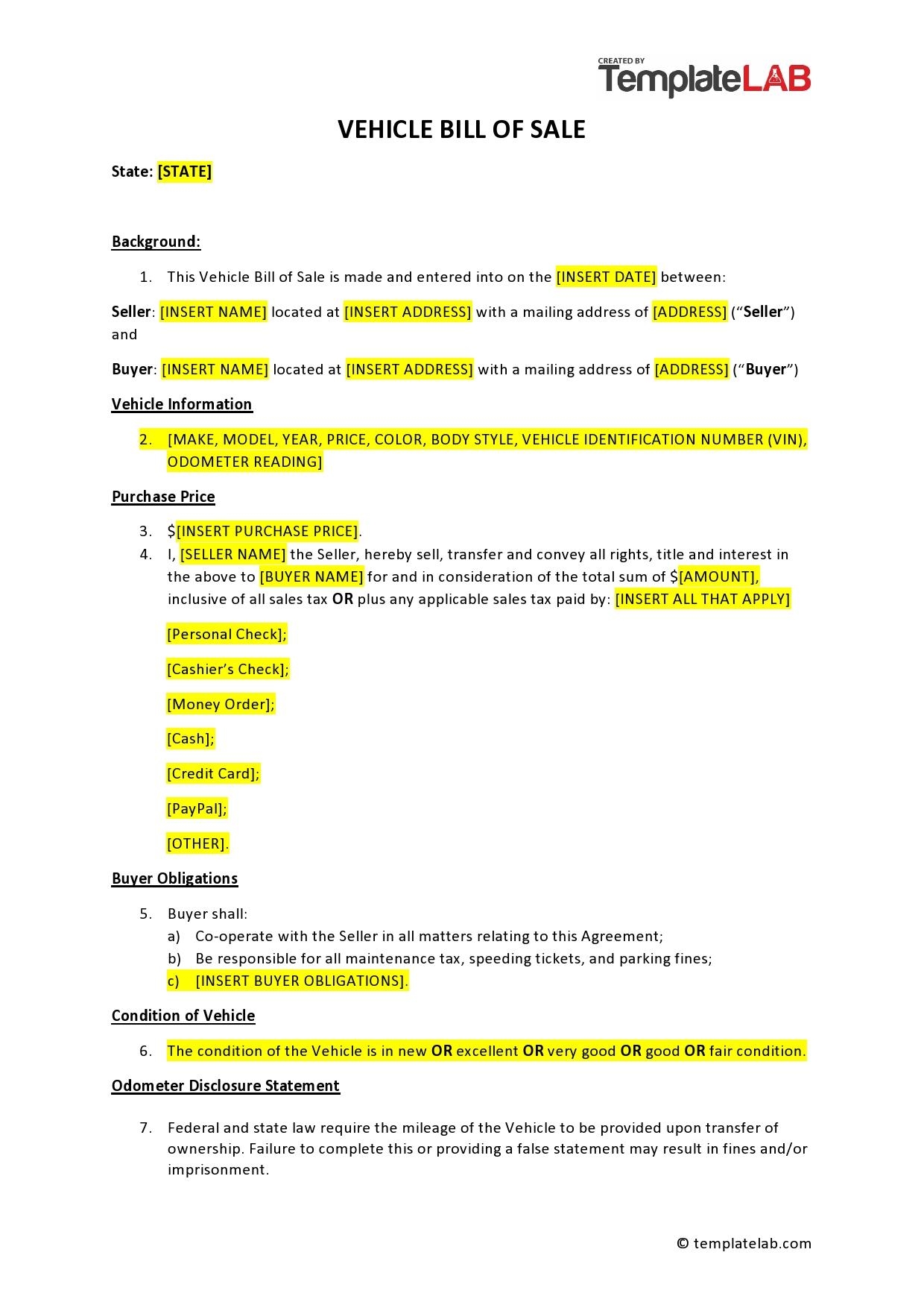 42 Printable Vehicle Purchase Agreement Templates Word PDF 