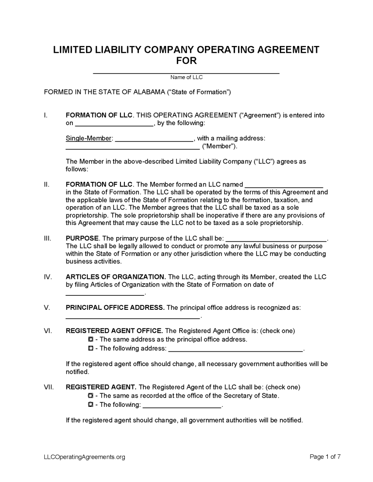 Alabama single member llc operating agreement form Free LLC Operating 