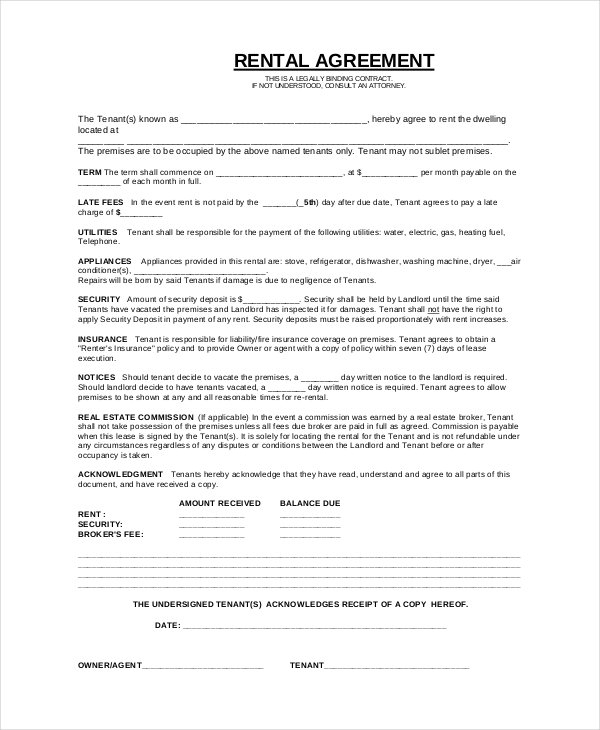 Basic Rental Agreement Form Printable Printable Forms Free Online