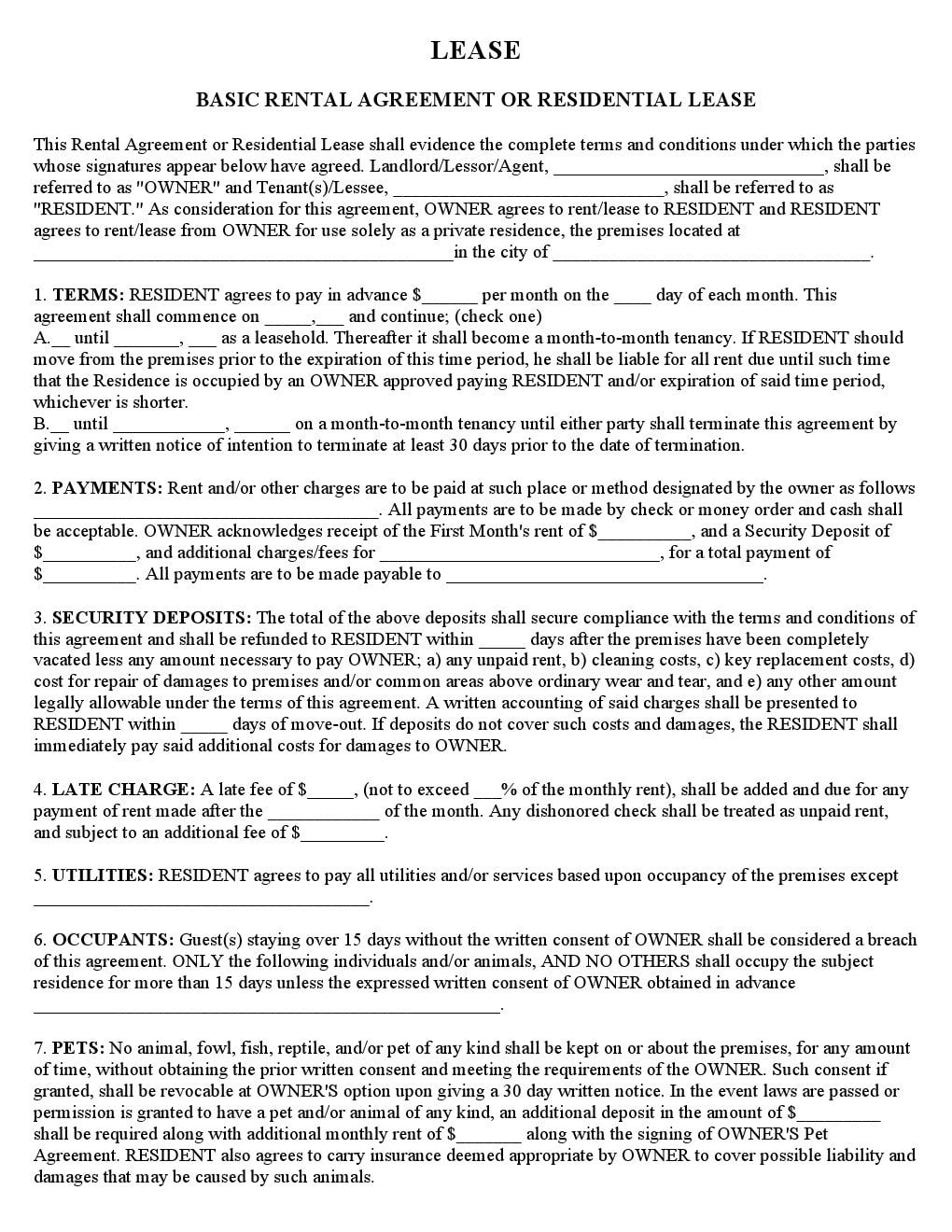 Basic Rental Agreement Form Printable Printable Forms Free Online