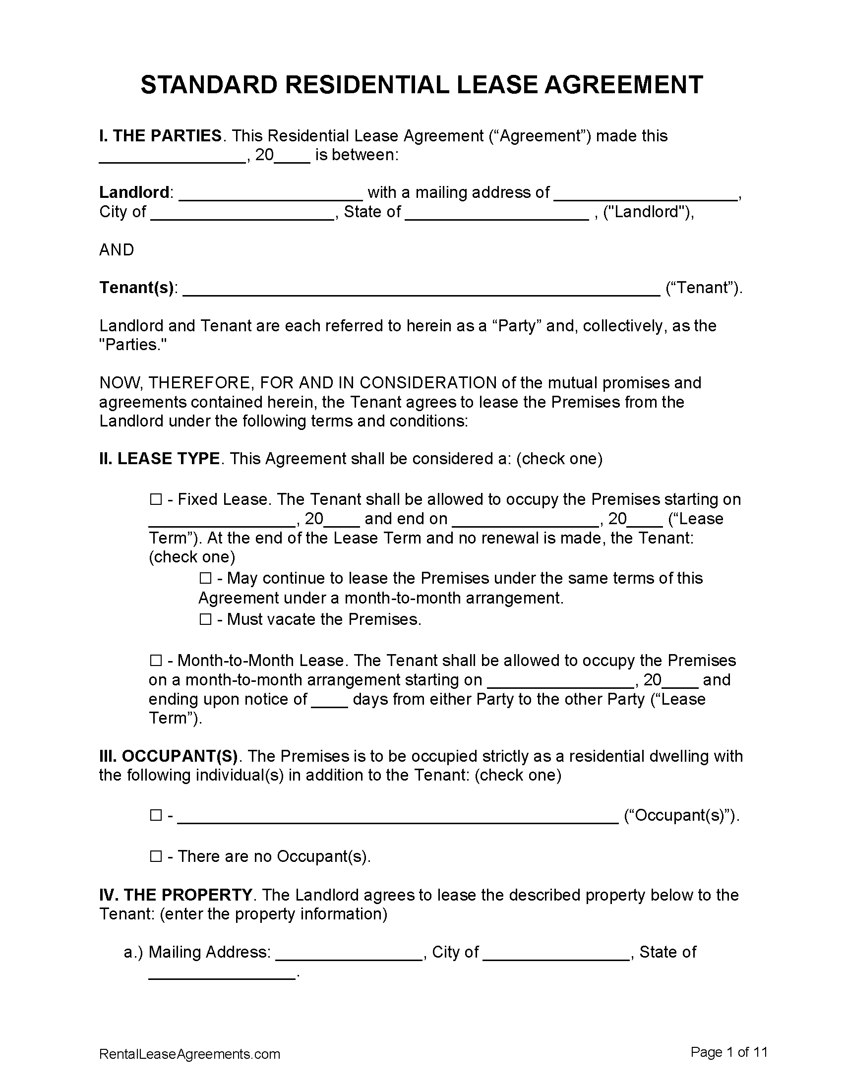 Blank Lease Agreement Free Printable