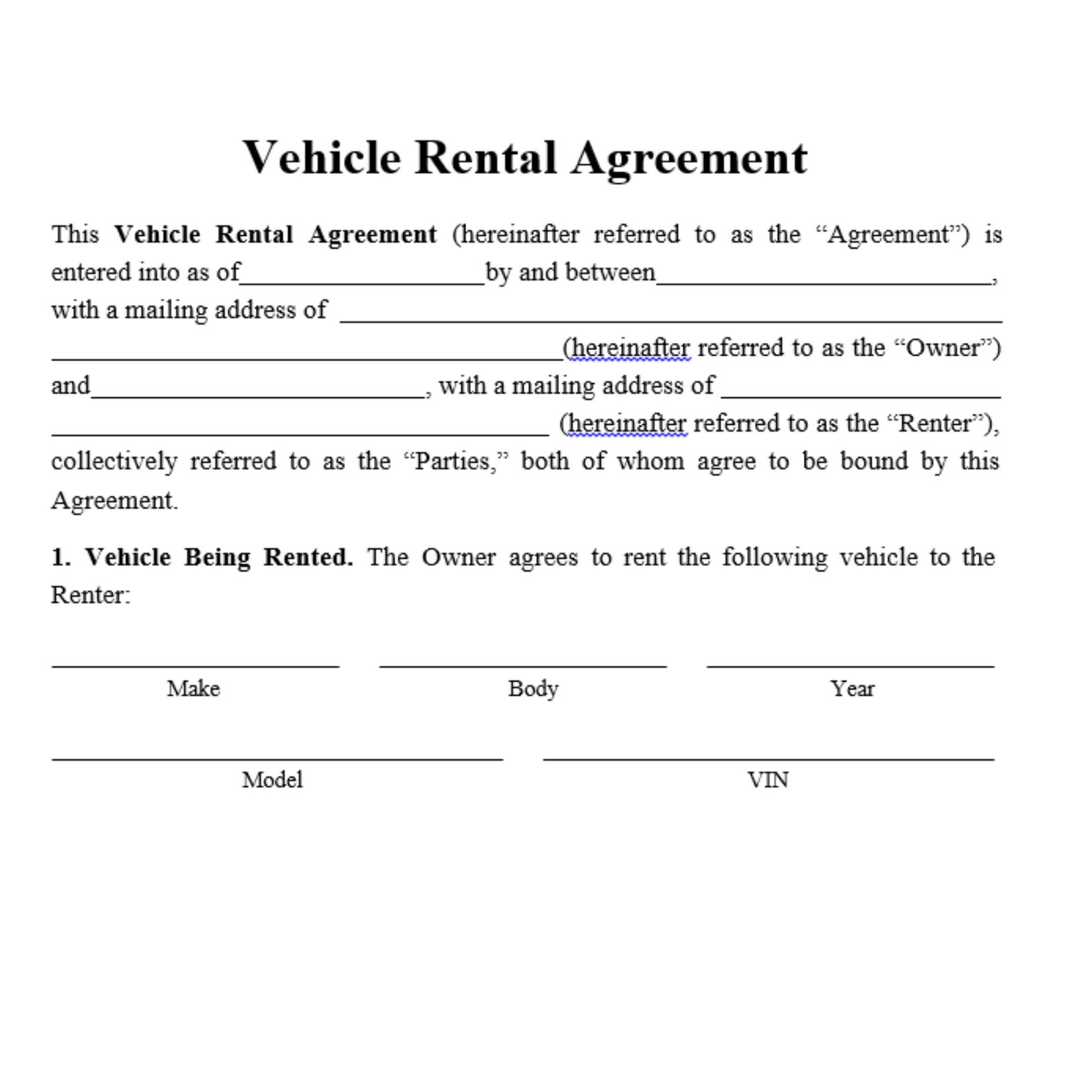 Blank Printable Car Rental Agreement Form Printable Forms Free Online