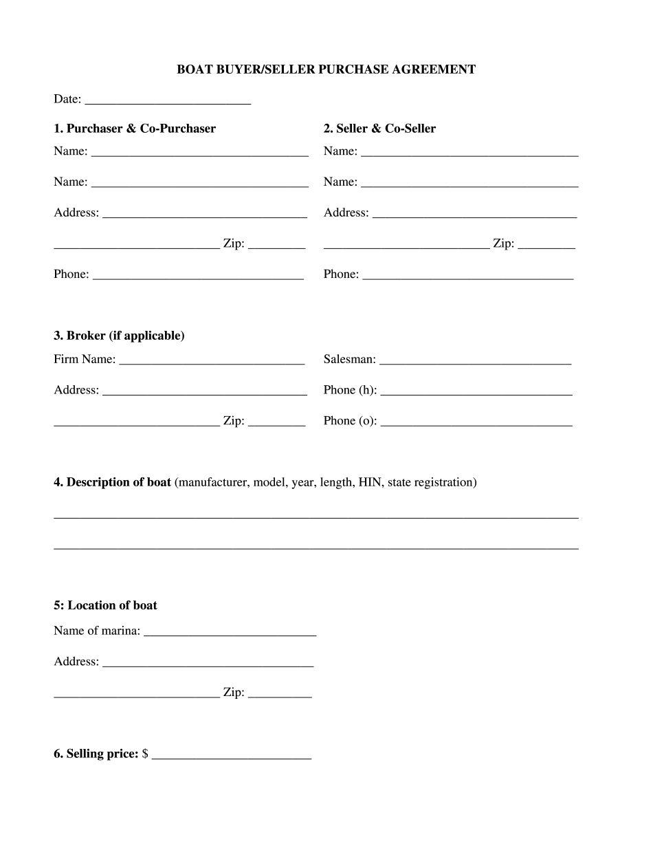 Boat Buyer Seller Purchase Agreement Form Printable Blank PDF Online