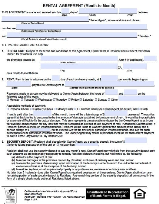 California Month To Month Rental Agreement Blank Forms Printable 