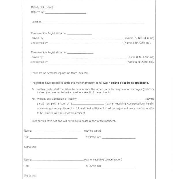 Car Damage Payment Printable Car Accident Settlement Agreement Form