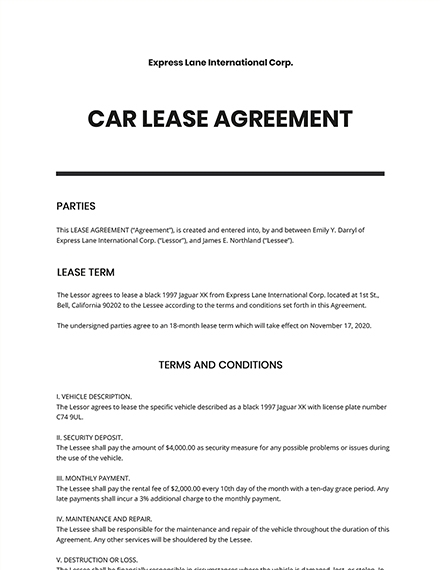 Car Lease Agreement Google Docs Word Apple Pages Template