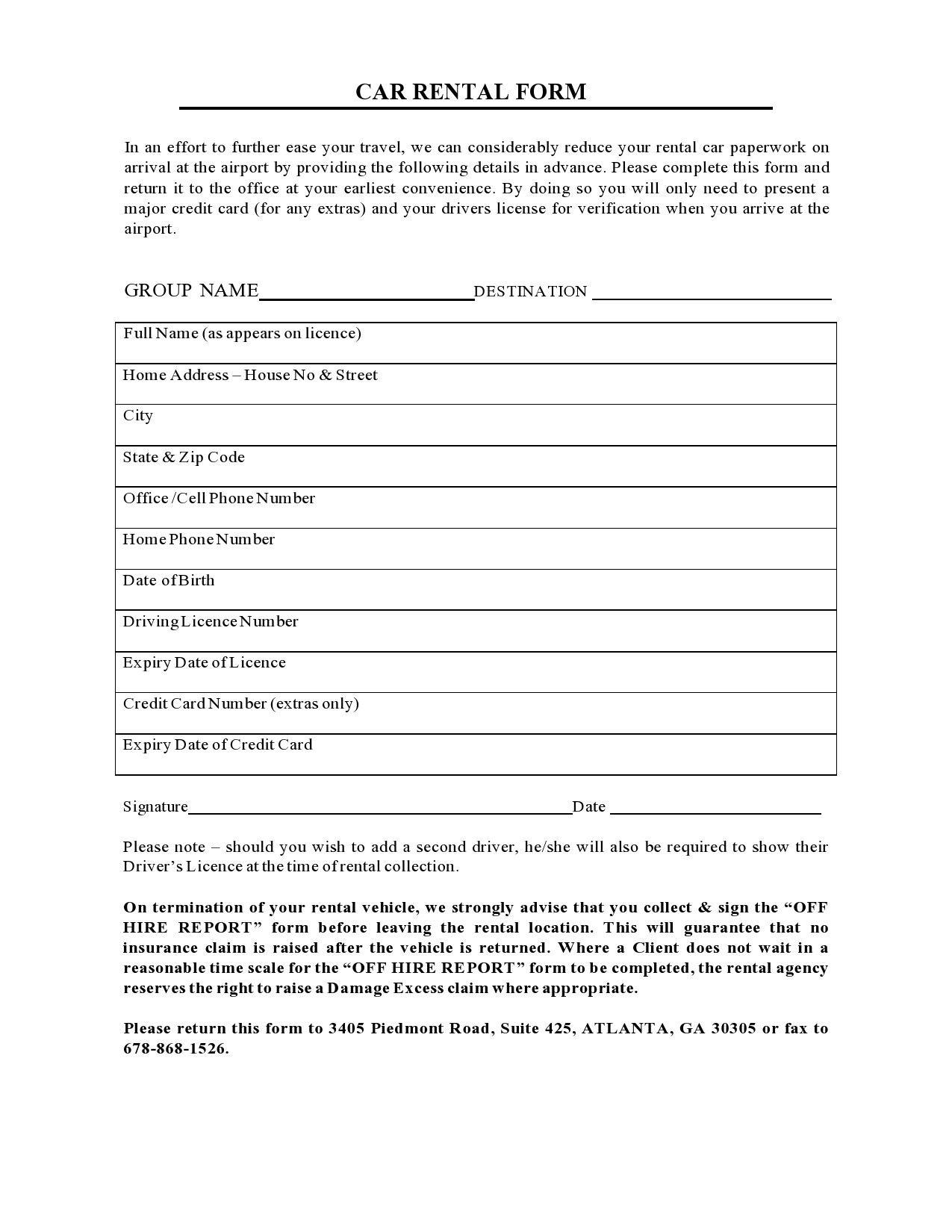 Car Rental Agreement Forms Free Printable