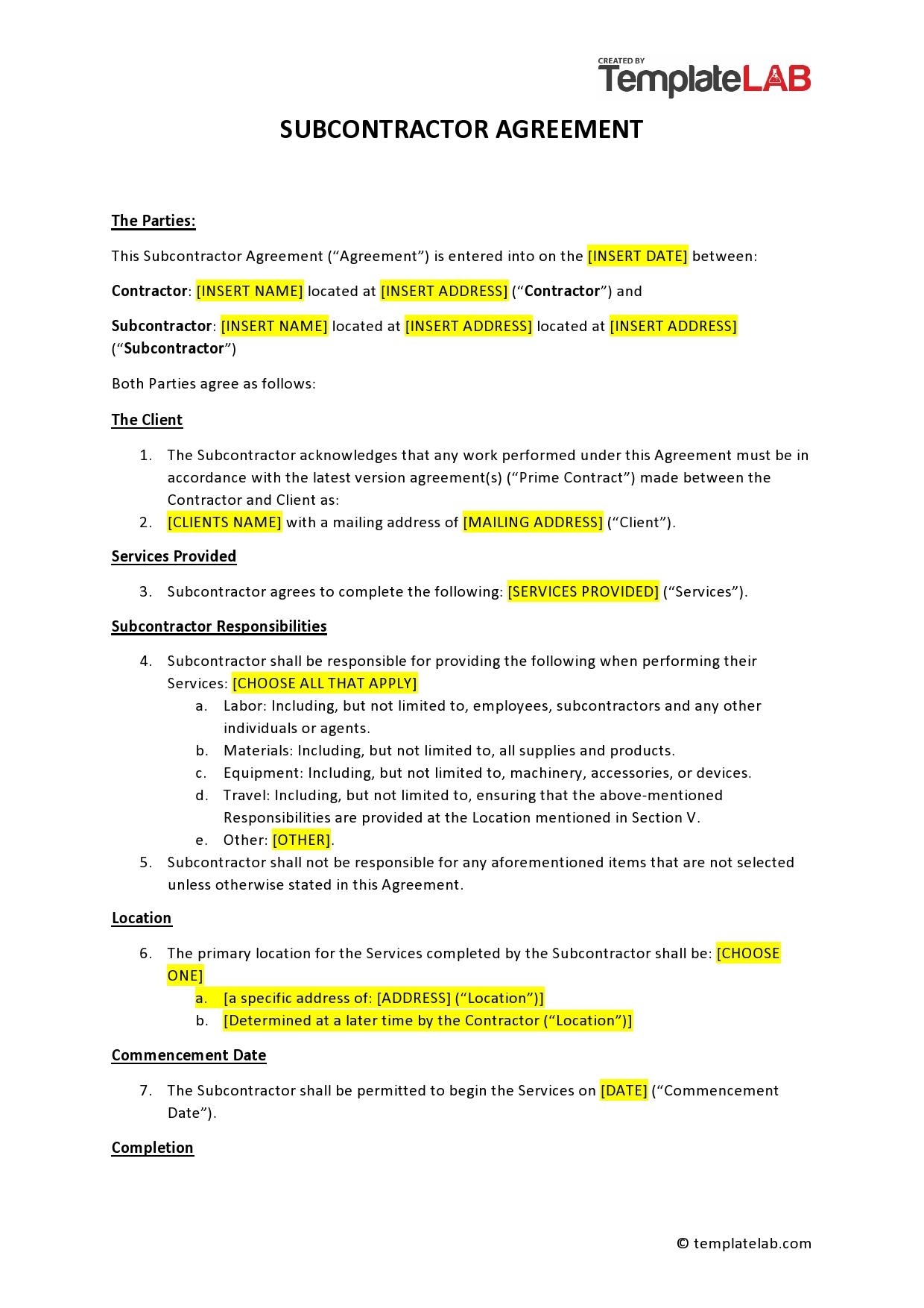 Construction Free Printable Subcontractor Agreement FREE Printables