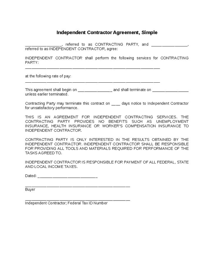 Contractor Agreement Free Printable Documents