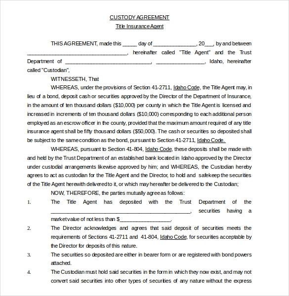Custody Agreement Template 11 Word PDF Document Download