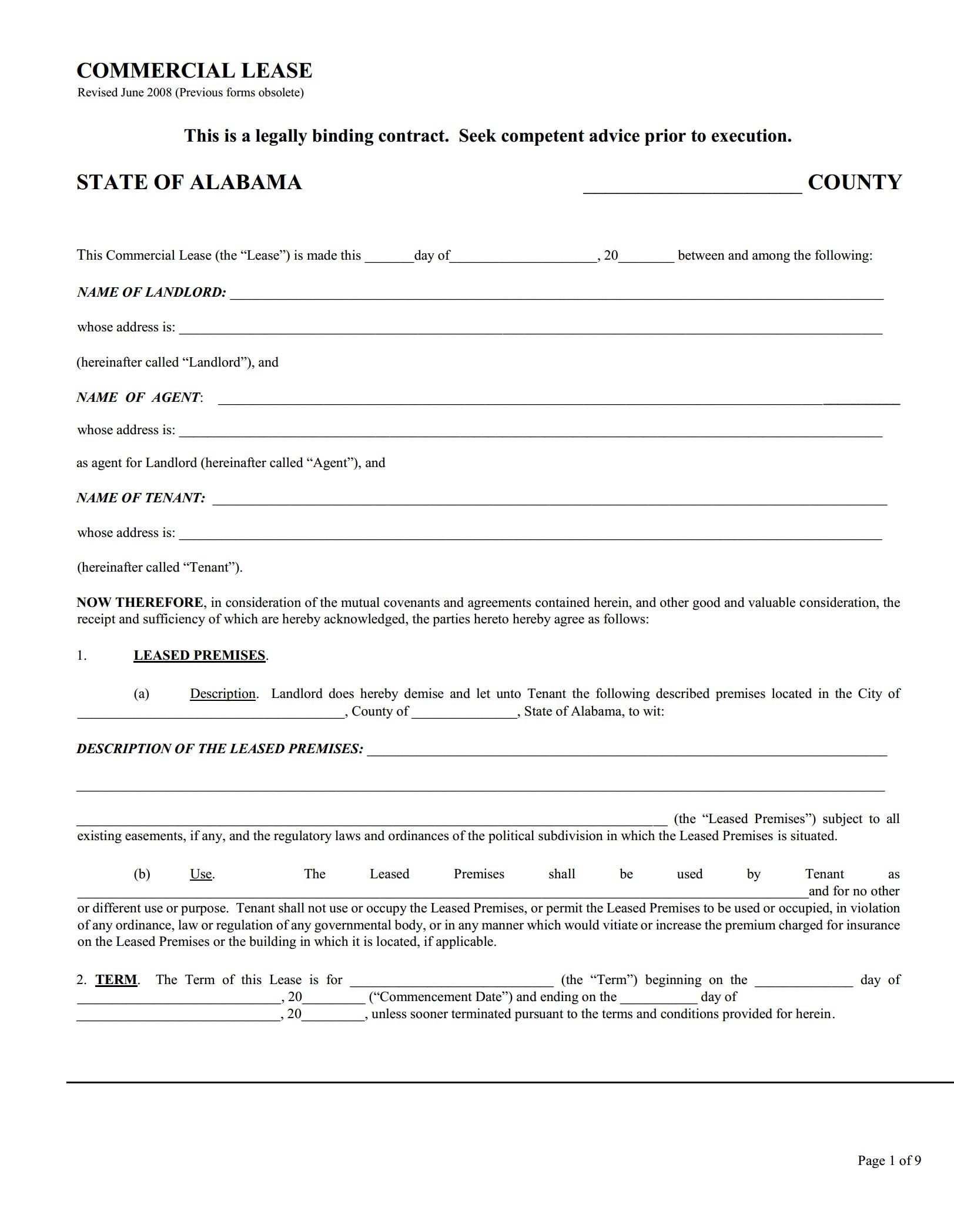 Download Free Alabama Commercial Lease Agreement Printable Lease 