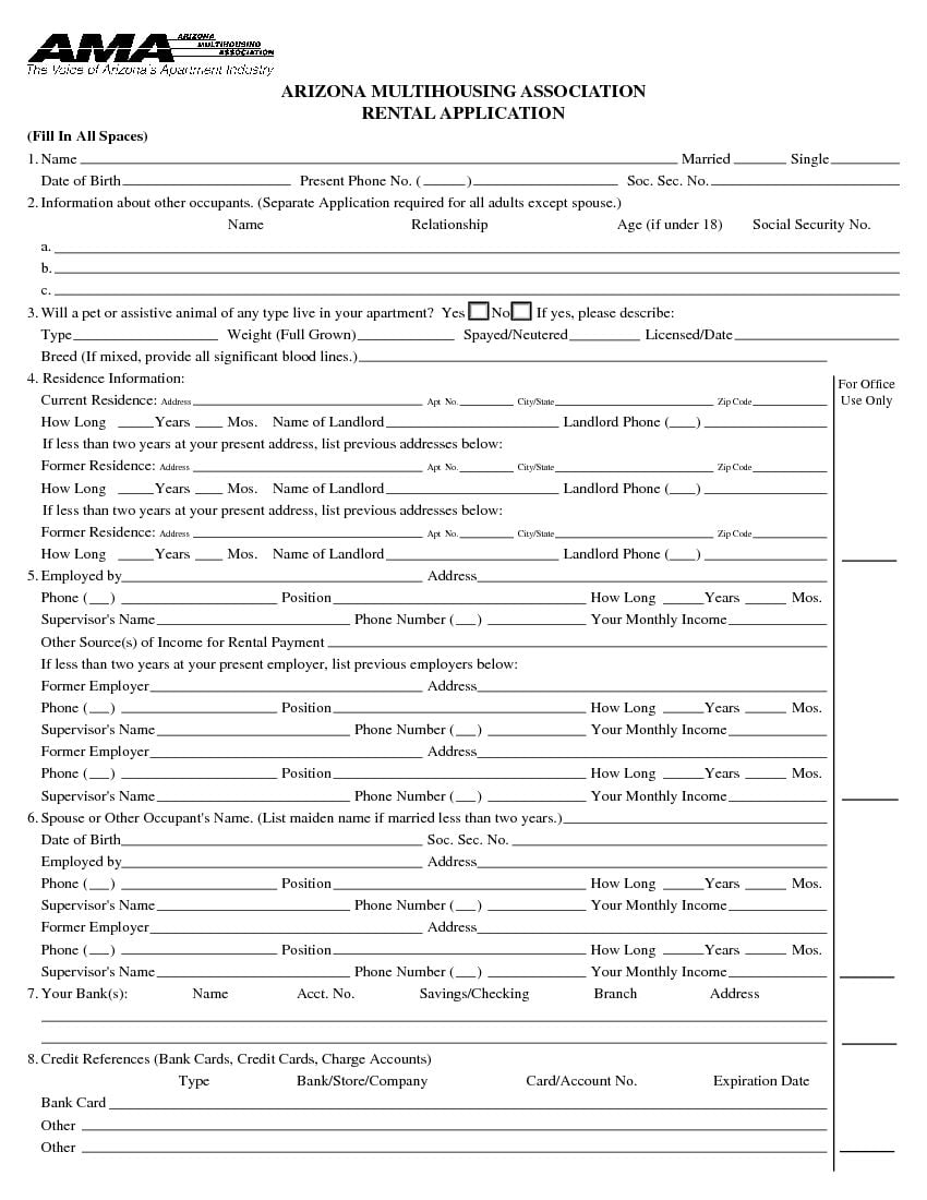 Download Free Arizona Rental Application Form Printable Lease Agreement