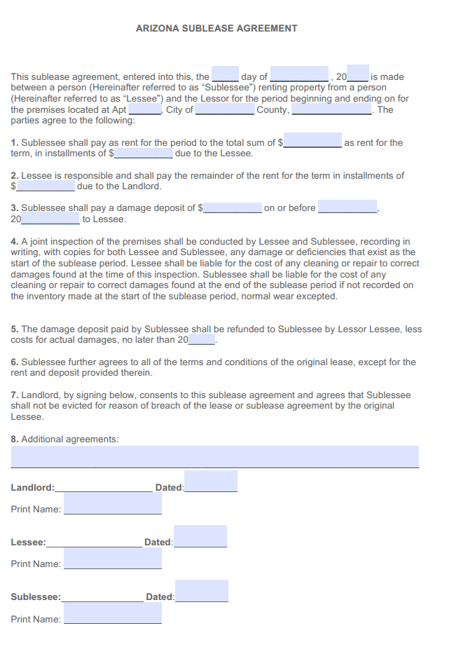 Download Free Arizona Sublease Agreement Printable Lease Agreement