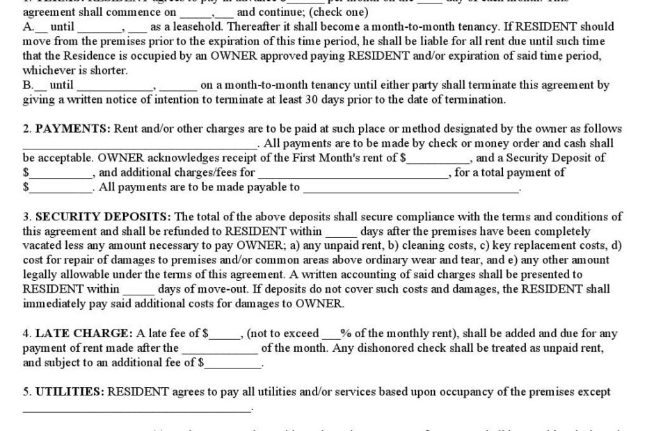Download Free Basic Rental Agreement Or Residential Lease Printable