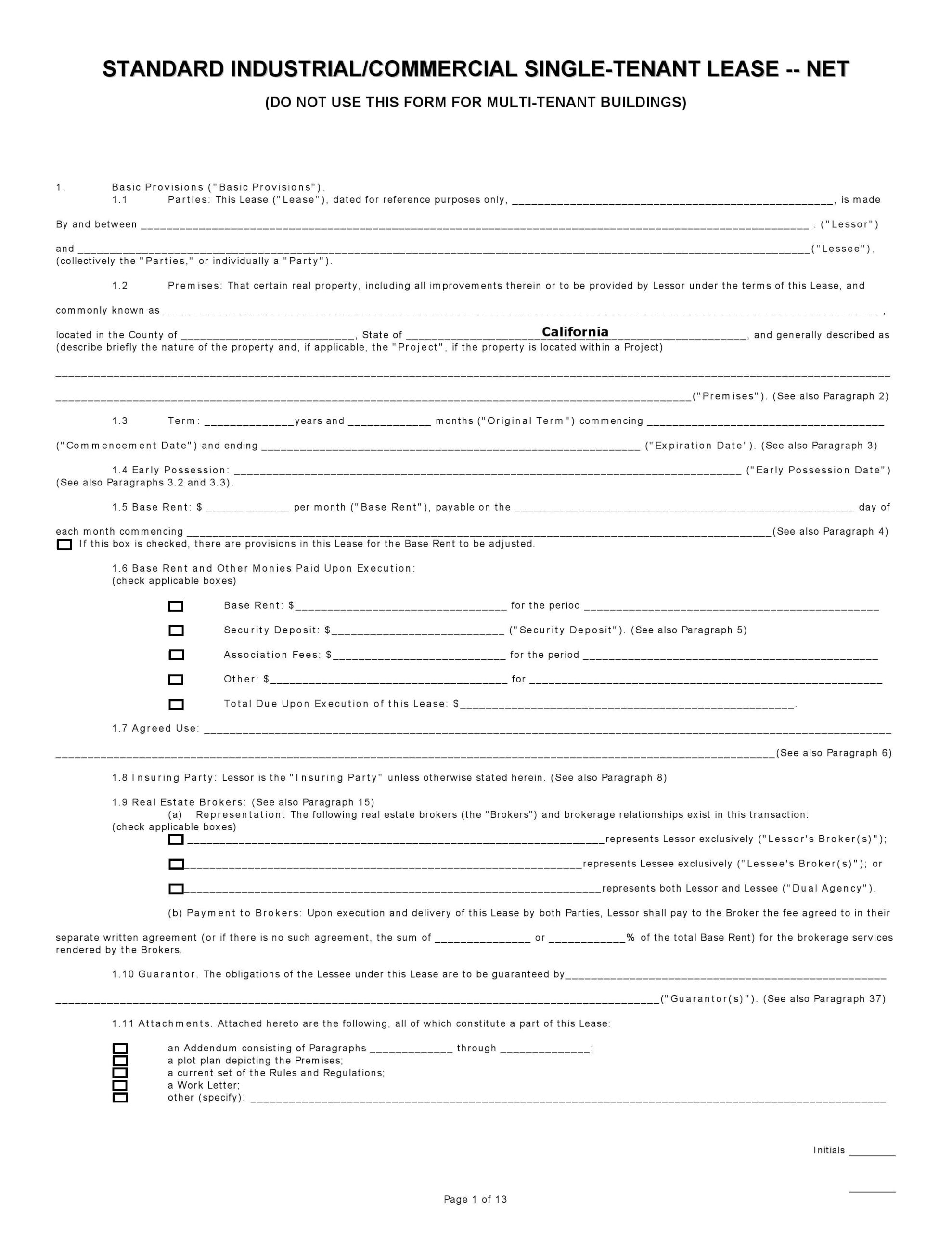 Download Free California Commercial Lease Agreement Single Tenant Net 