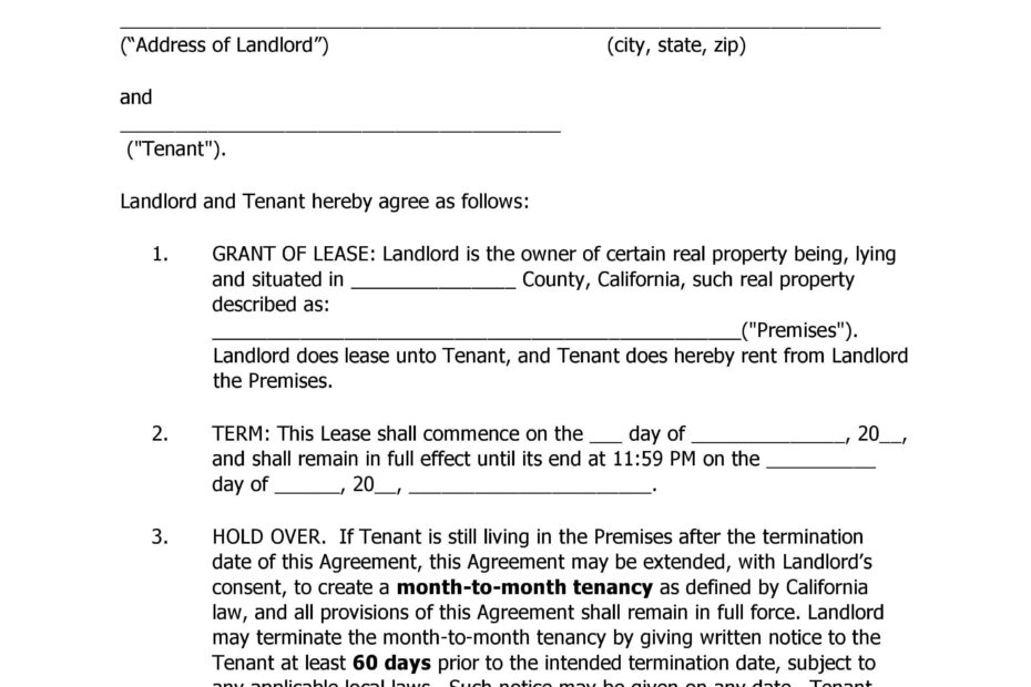 Download Free California Residential Rental Agreement Printable Lease