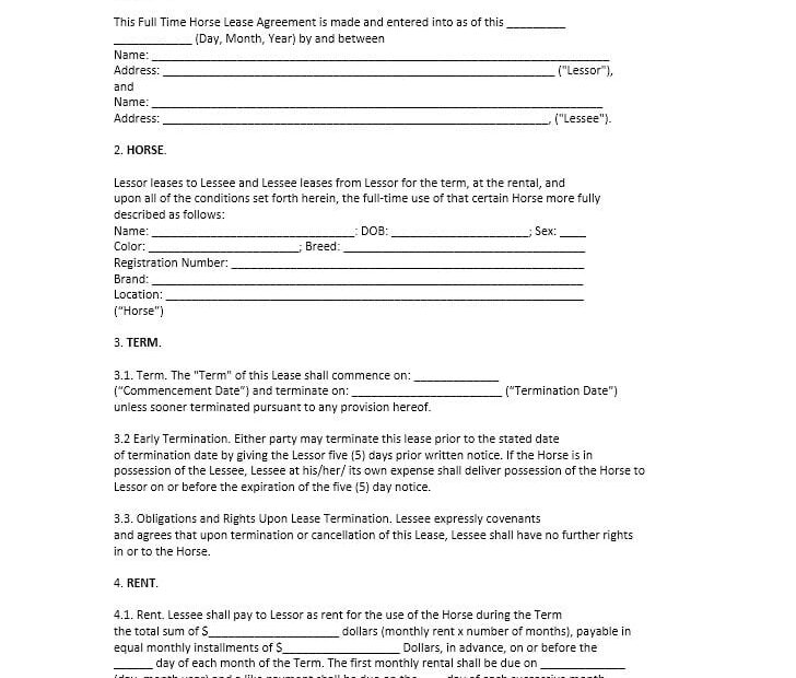 Download Free Full Time Horse Lease Agreement Printable Lease Agreement