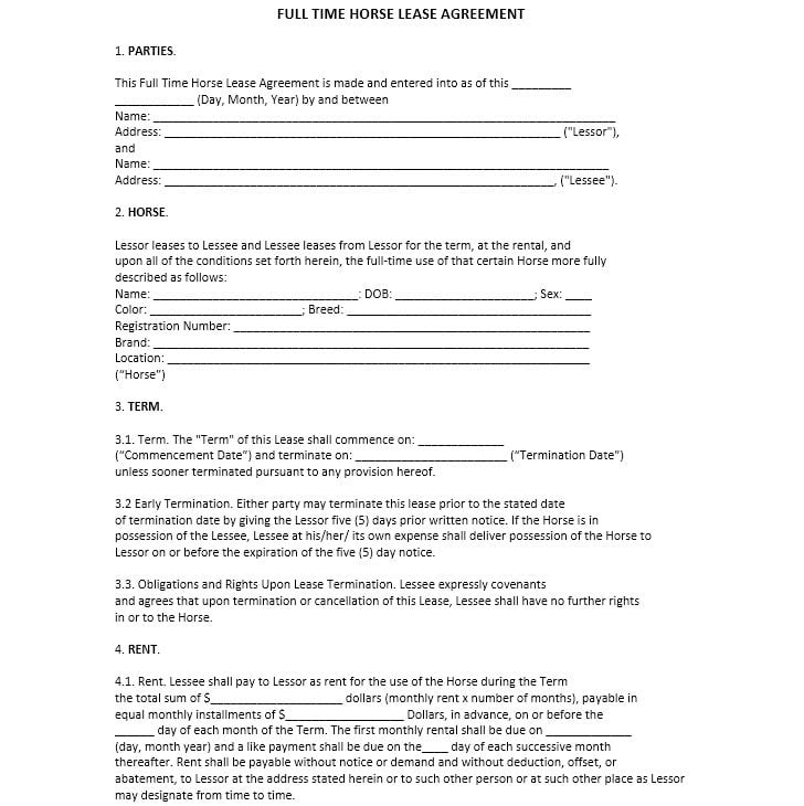 Download Free Full Time Horse Lease Agreement Printable Lease Agreement