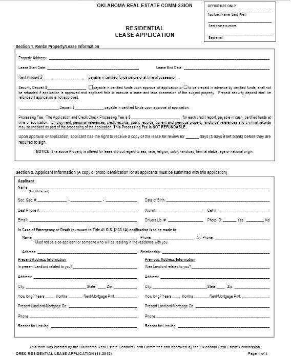 Download Free Oklahoma Residential Lease Application Printable Lease 