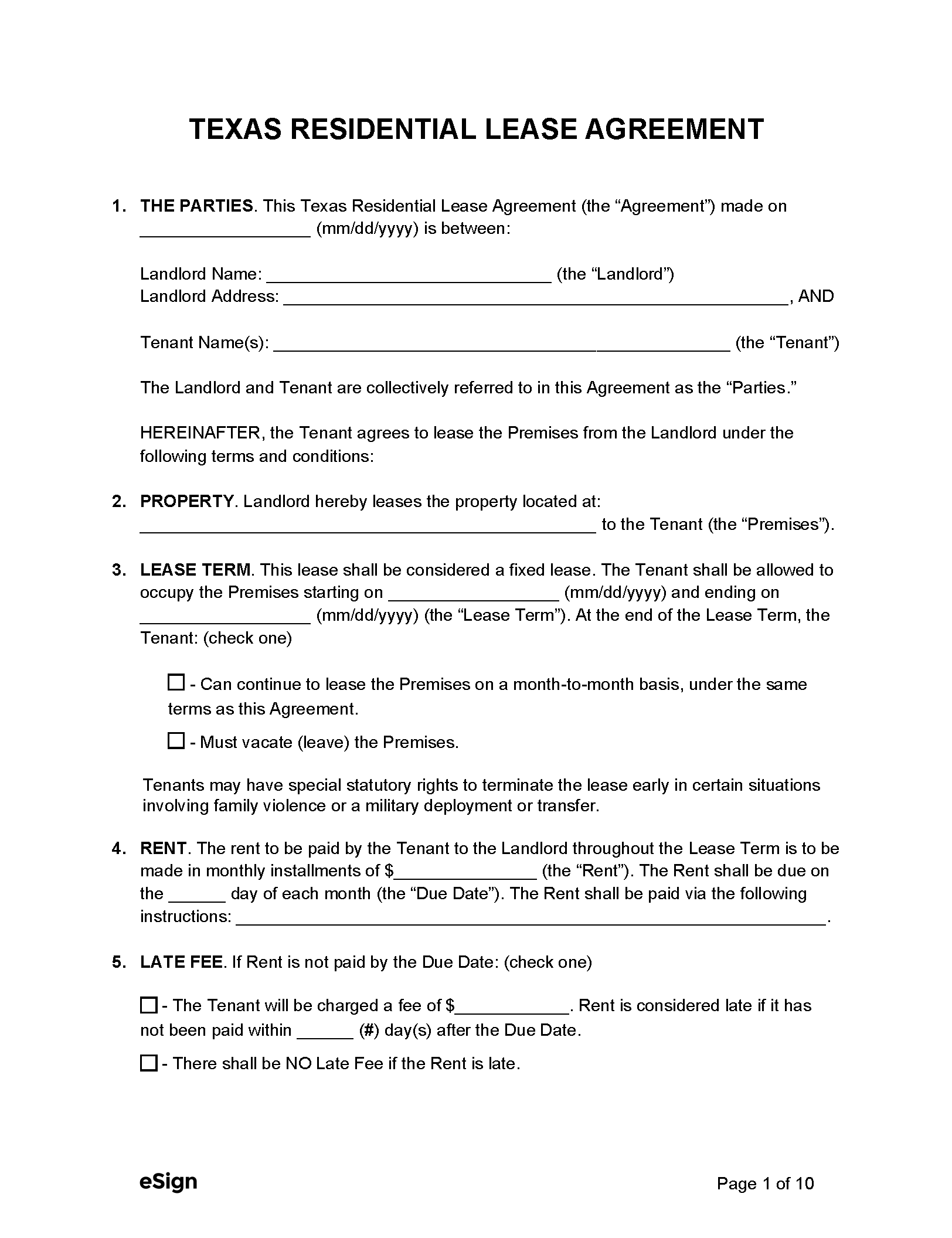 Download Free Texas Residential Lease Agreement Printable Lease 
