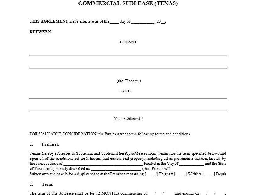 Download Free Texas Sublease Agreement Commercial Printable Lease