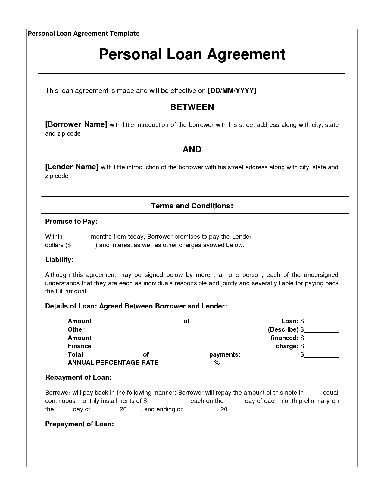 Download Personal Loan Agreement Template Pdf Rtf Word Free 