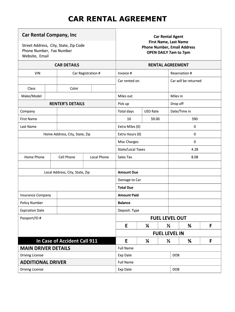 Downloadable Printable Car Rental Agreement Form