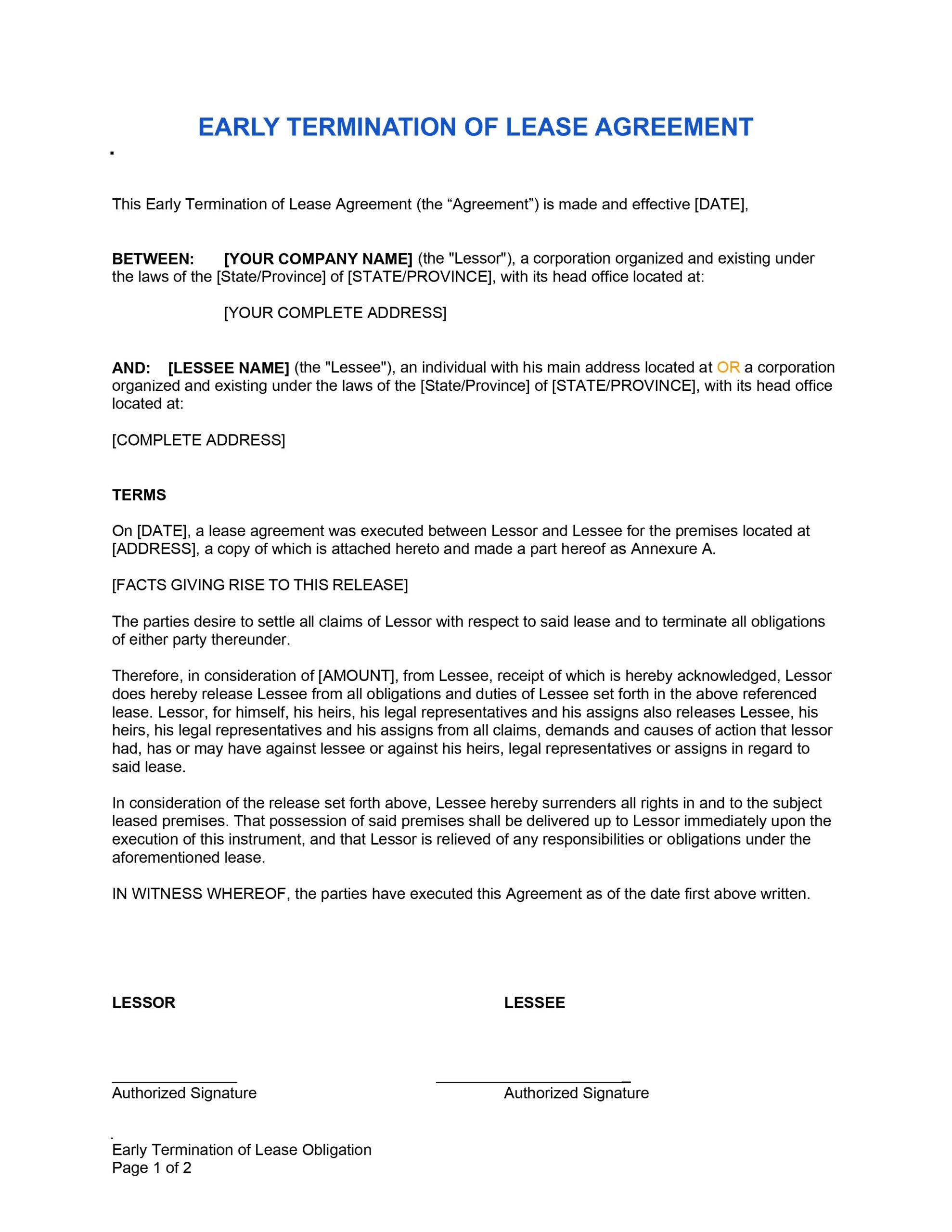 Early Termination Lease Agreement Template