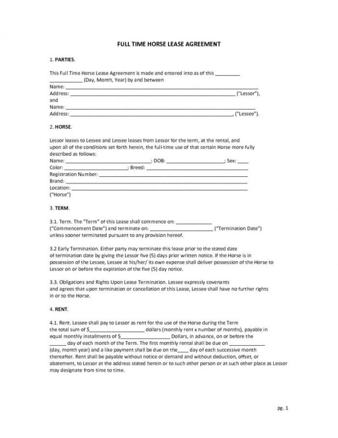 Editable Download Free Full Time Horse Lease Agreement Printable Horse 