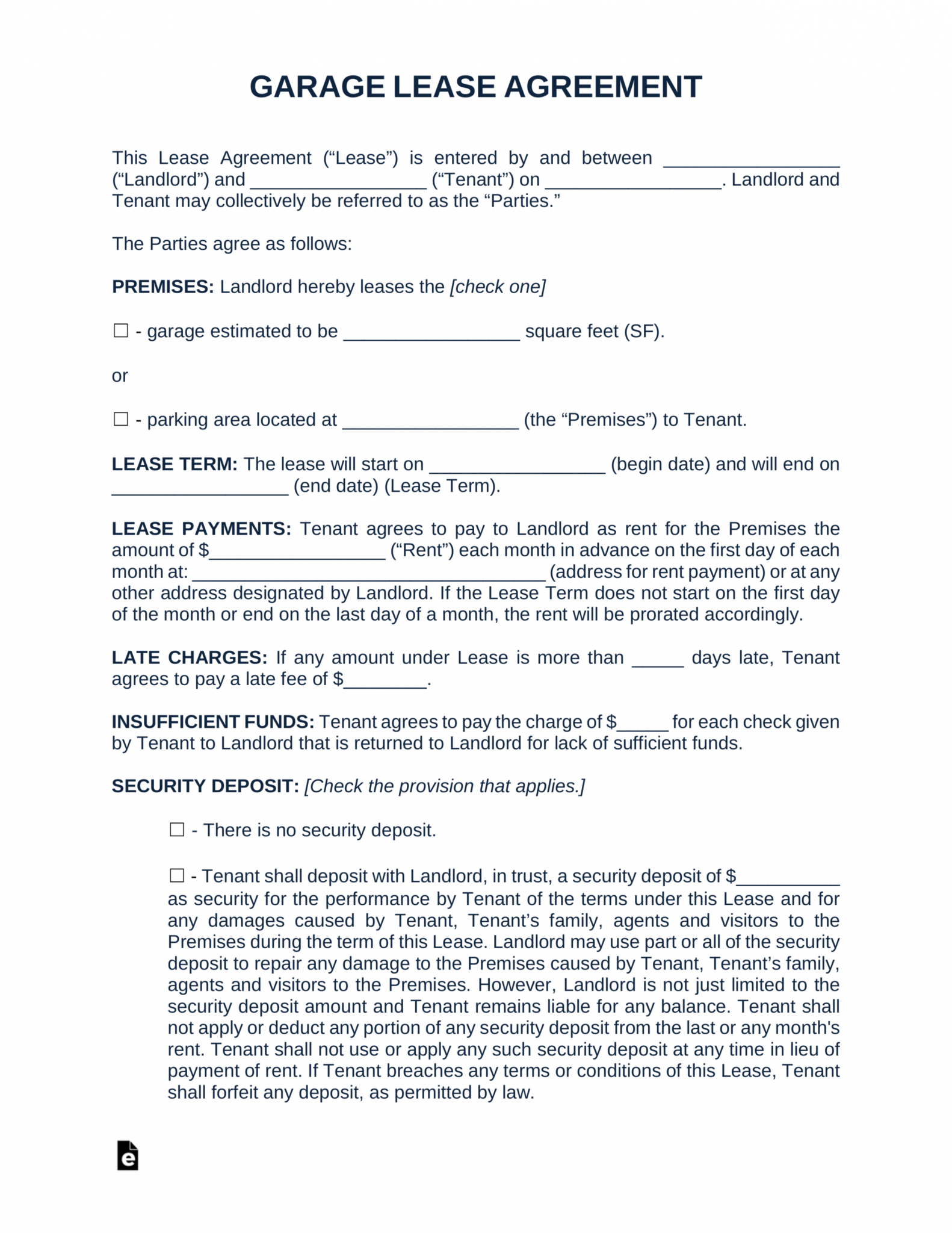 Editable Free Garage Parking Rental Lease Agreement Template Pdf 