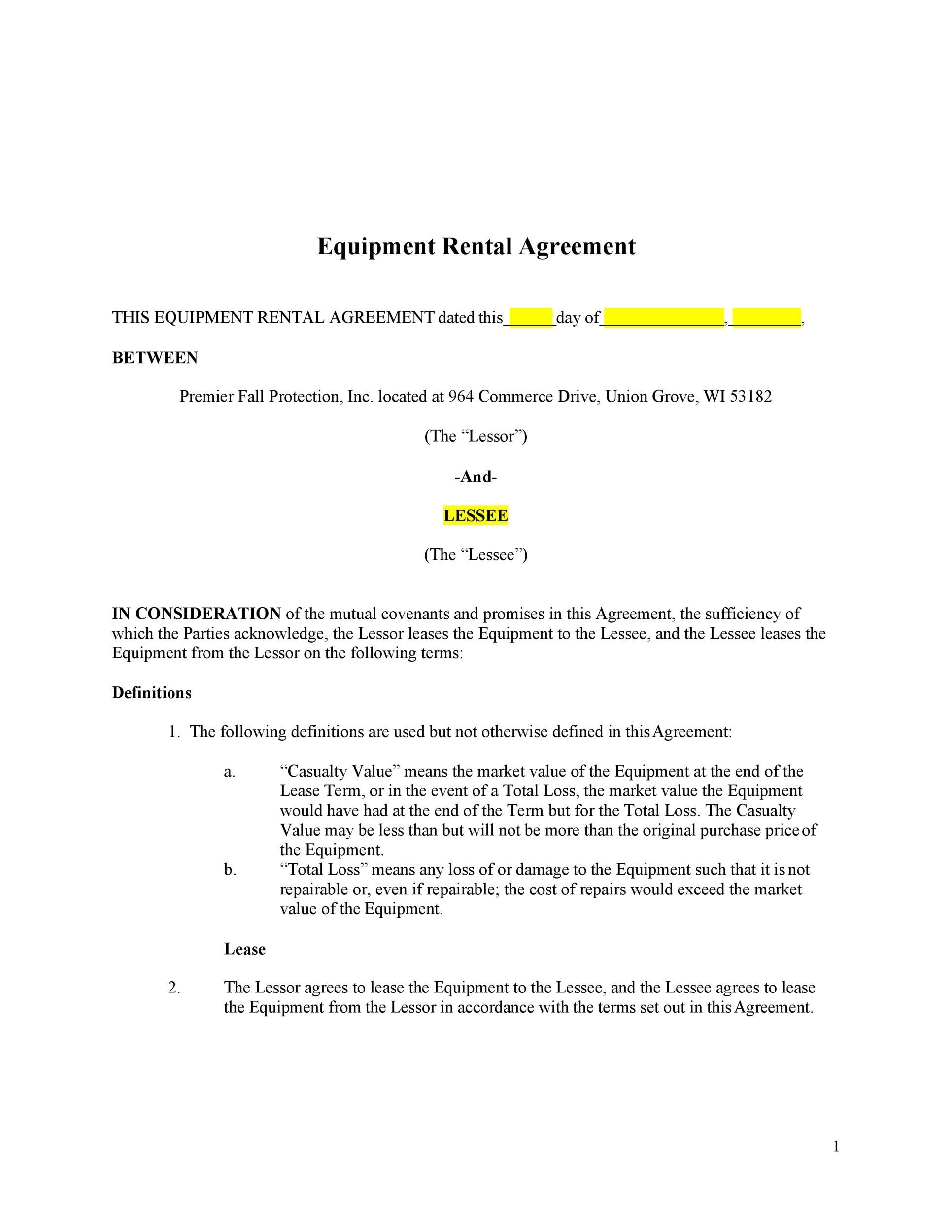 Equipment Lease Agreement Template
