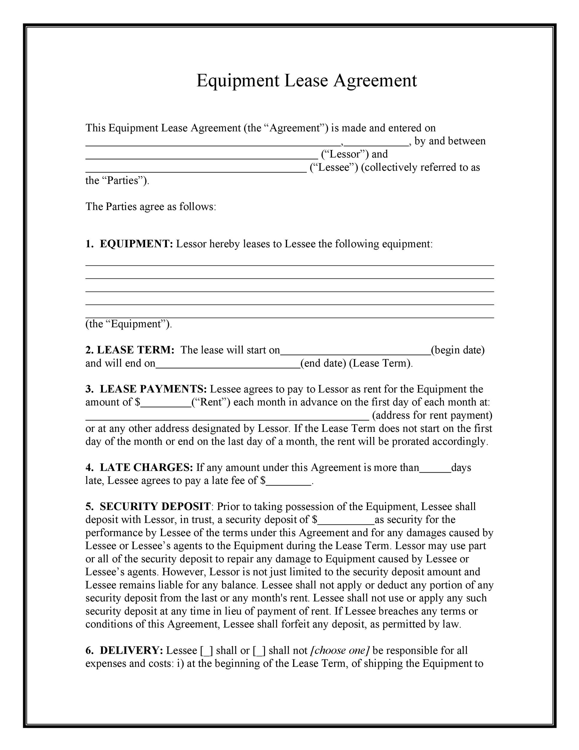 Equipment Lease Agreement Template