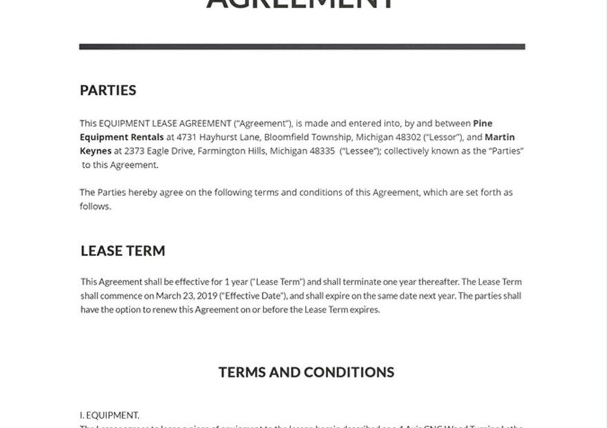Equipment Lease Agreement Template Google Docs Word Apple Pages