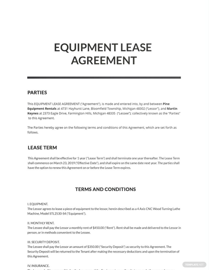 Equipment Lease Agreement Template Google Docs Word Apple Pages 