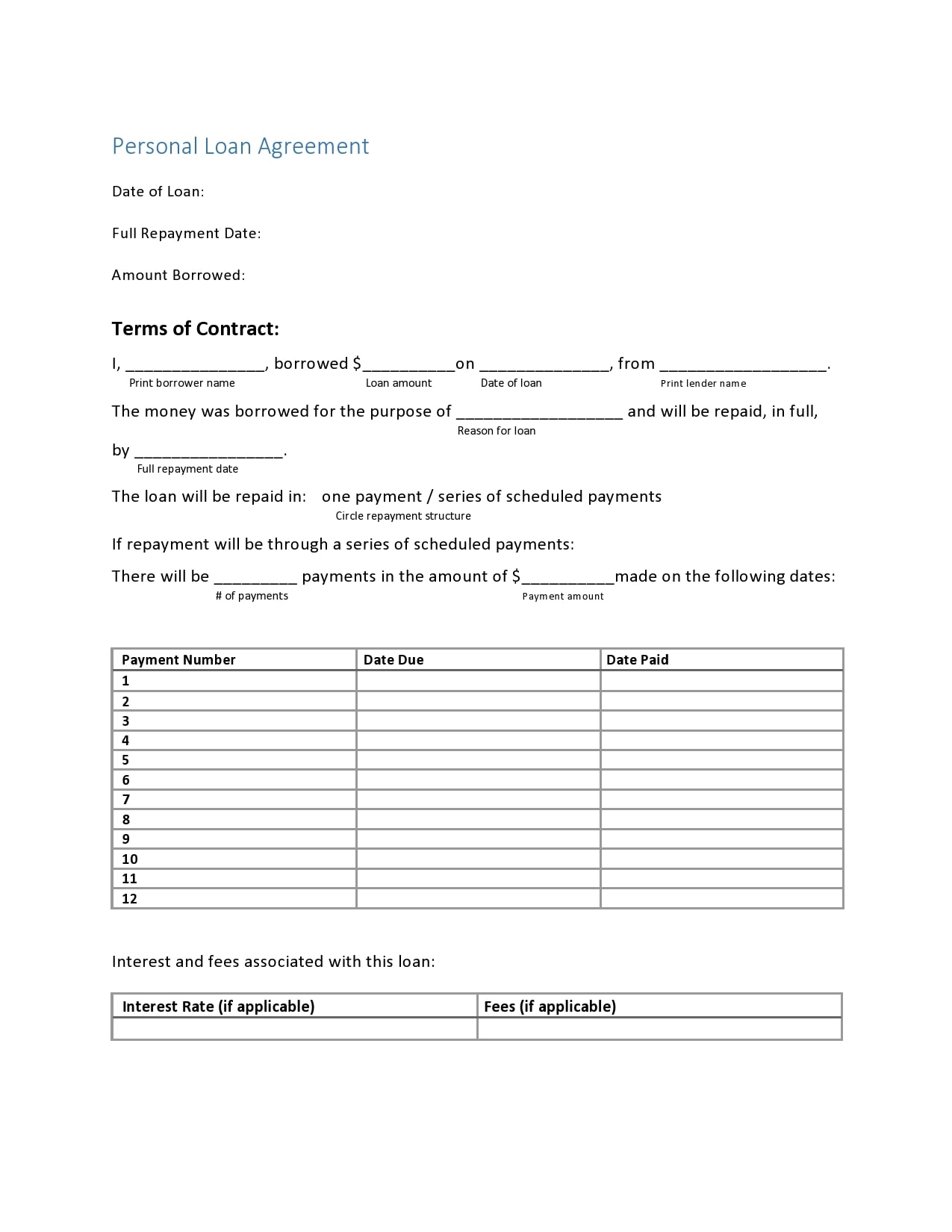 Family Member Printable Family Loan Agreement Template Printable 