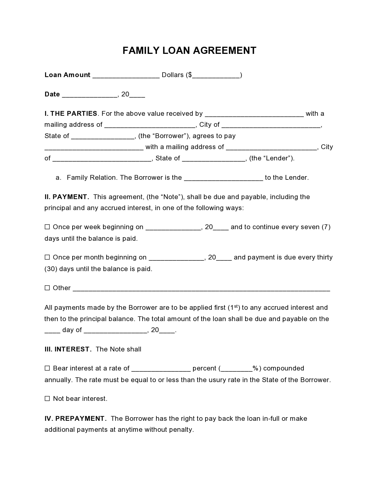 Family Member Printable Family Loan Agreement Template Printable 