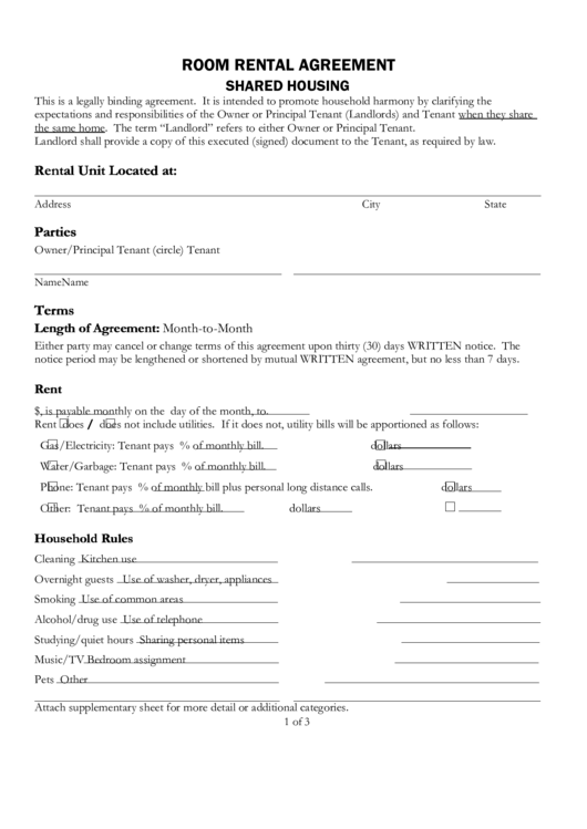 Fillable Shared Housing Room Rental Agreement Template Printable Pdf 