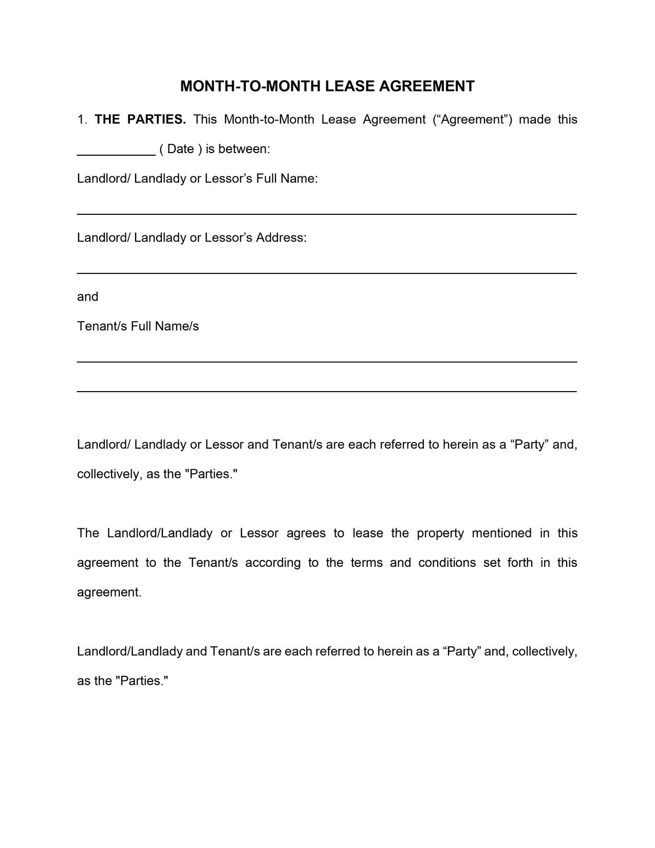 Florida Month to Month Lease Agreement Template