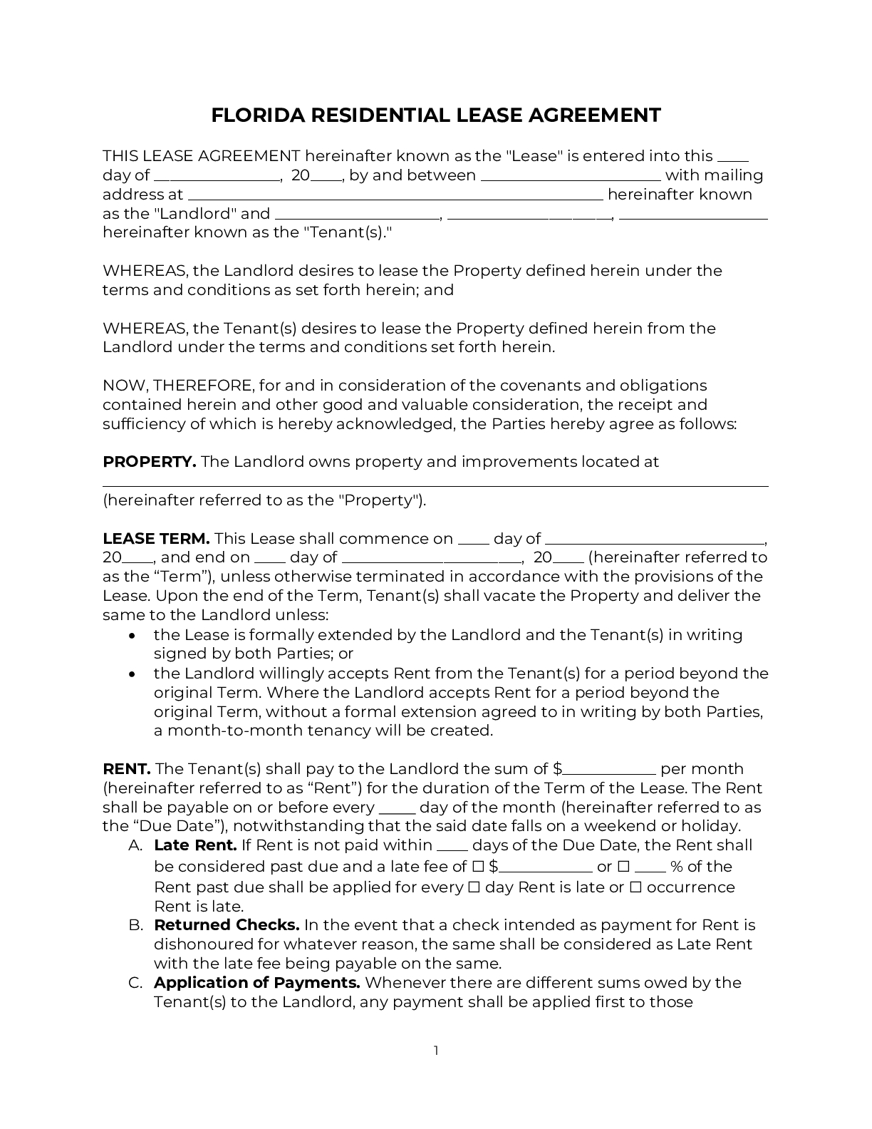 Florida Rental Agreement Template