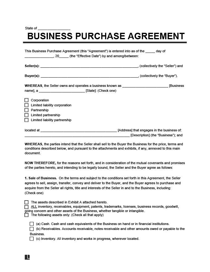 Free Business Purchase Agreement Contract Template PDF Legal 