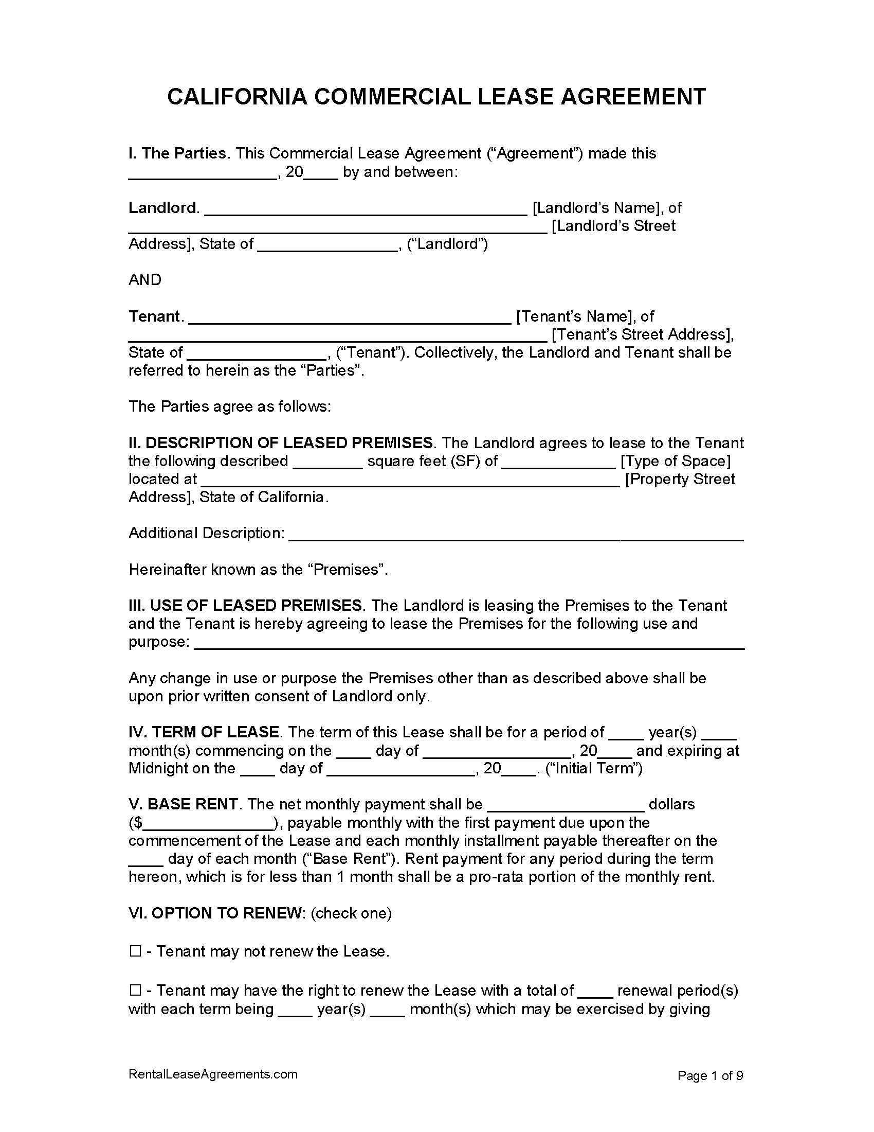 Free California Commercial Lease Agreement PDF Word