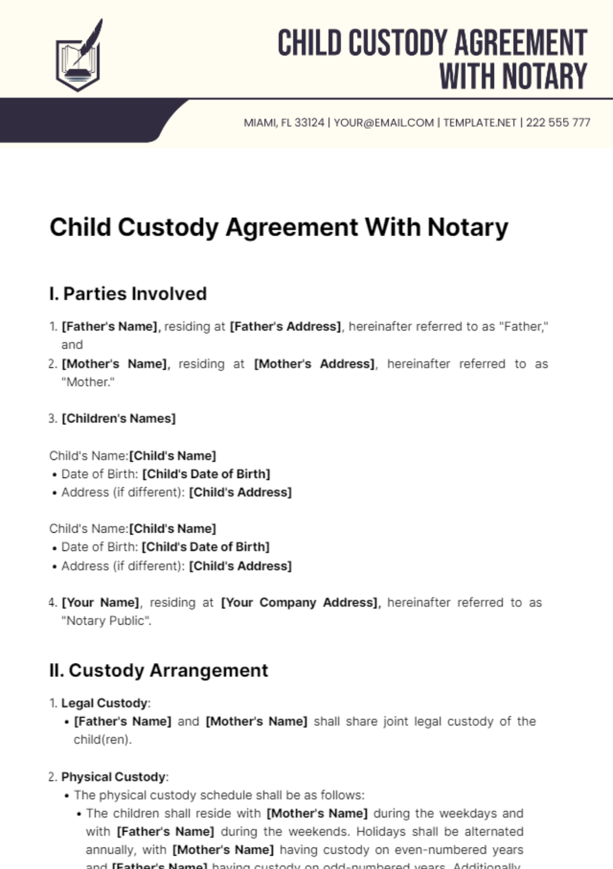 Free Child Custody Agreement Templates Editable And Printable