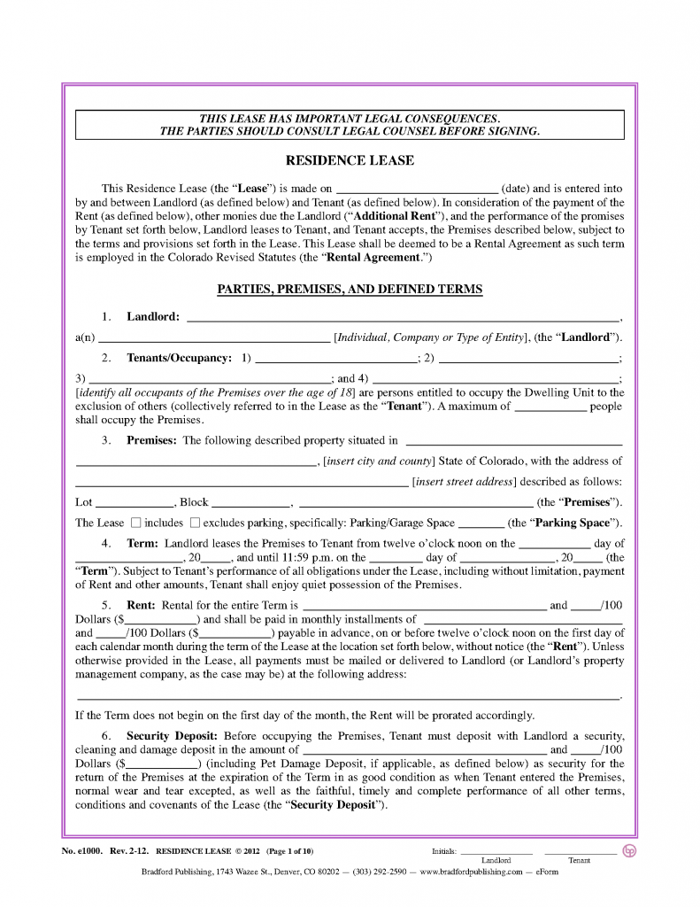 Free Colorado Residential Lease Agreement PDF MS Word Printable Lease 
