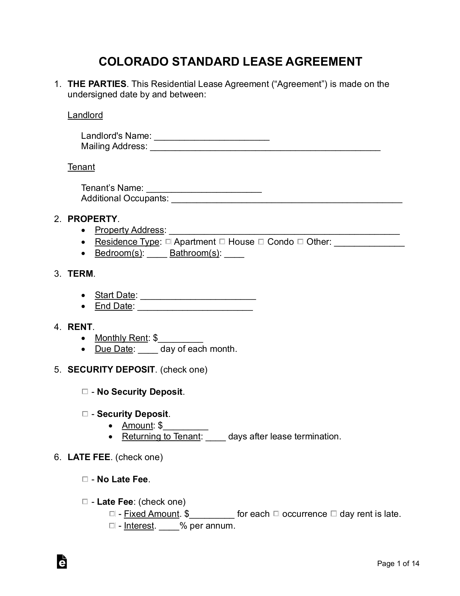 Free Colorado Standard Residential Lease Agreement EForms