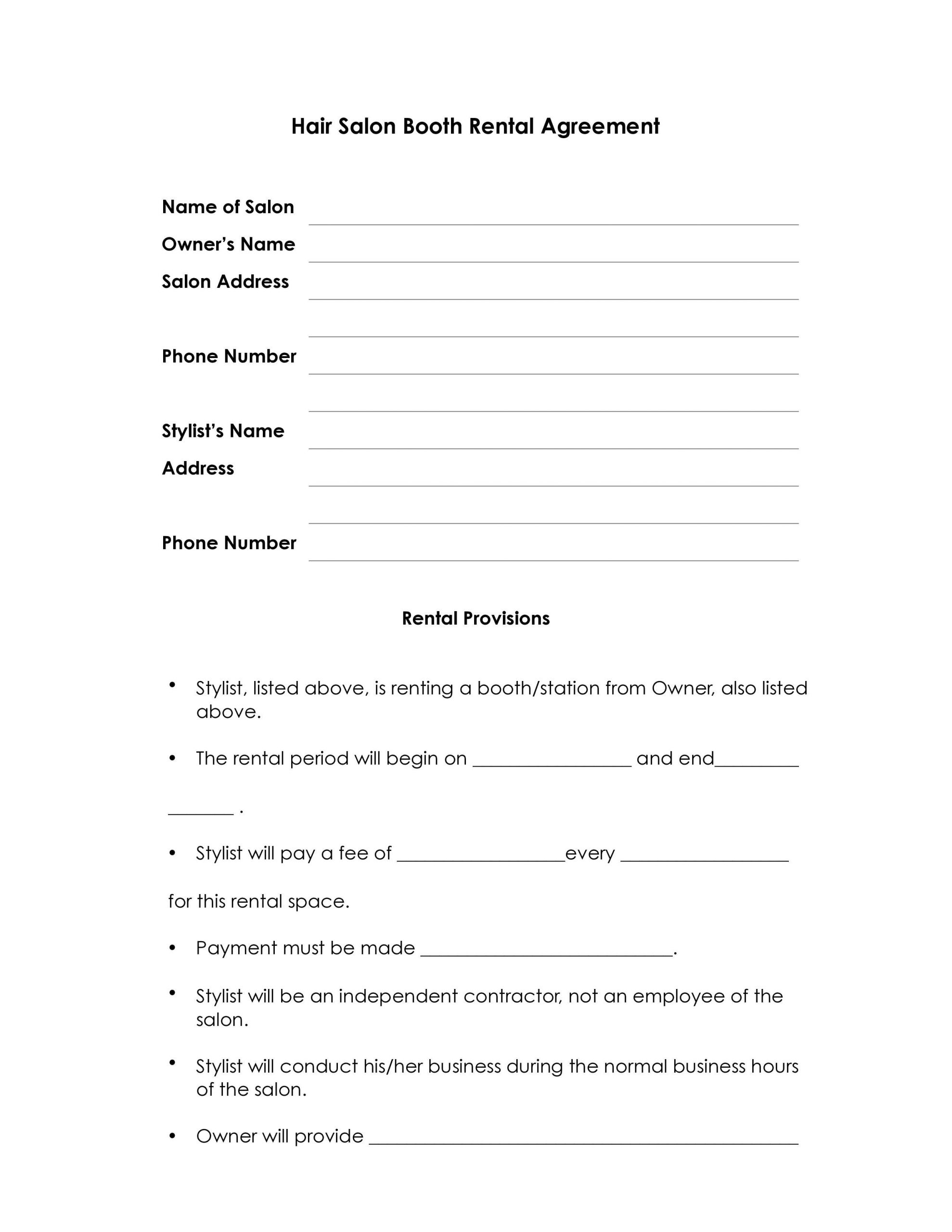 Free Fillable Salon Booth Rental Agreement PDF Templates Worksheets 