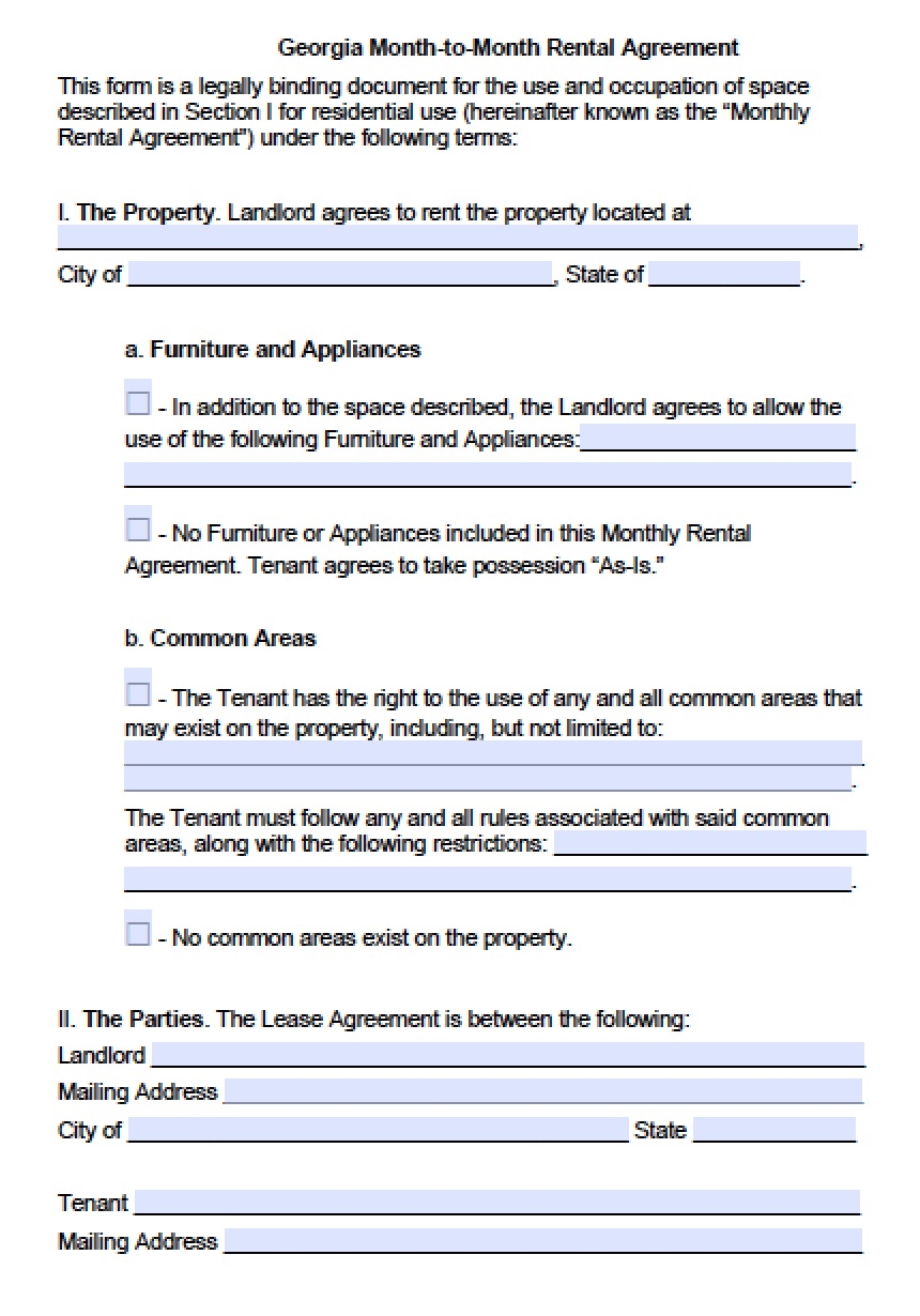 Free Georgia Month to Month Lease Agreement Template PDF Word