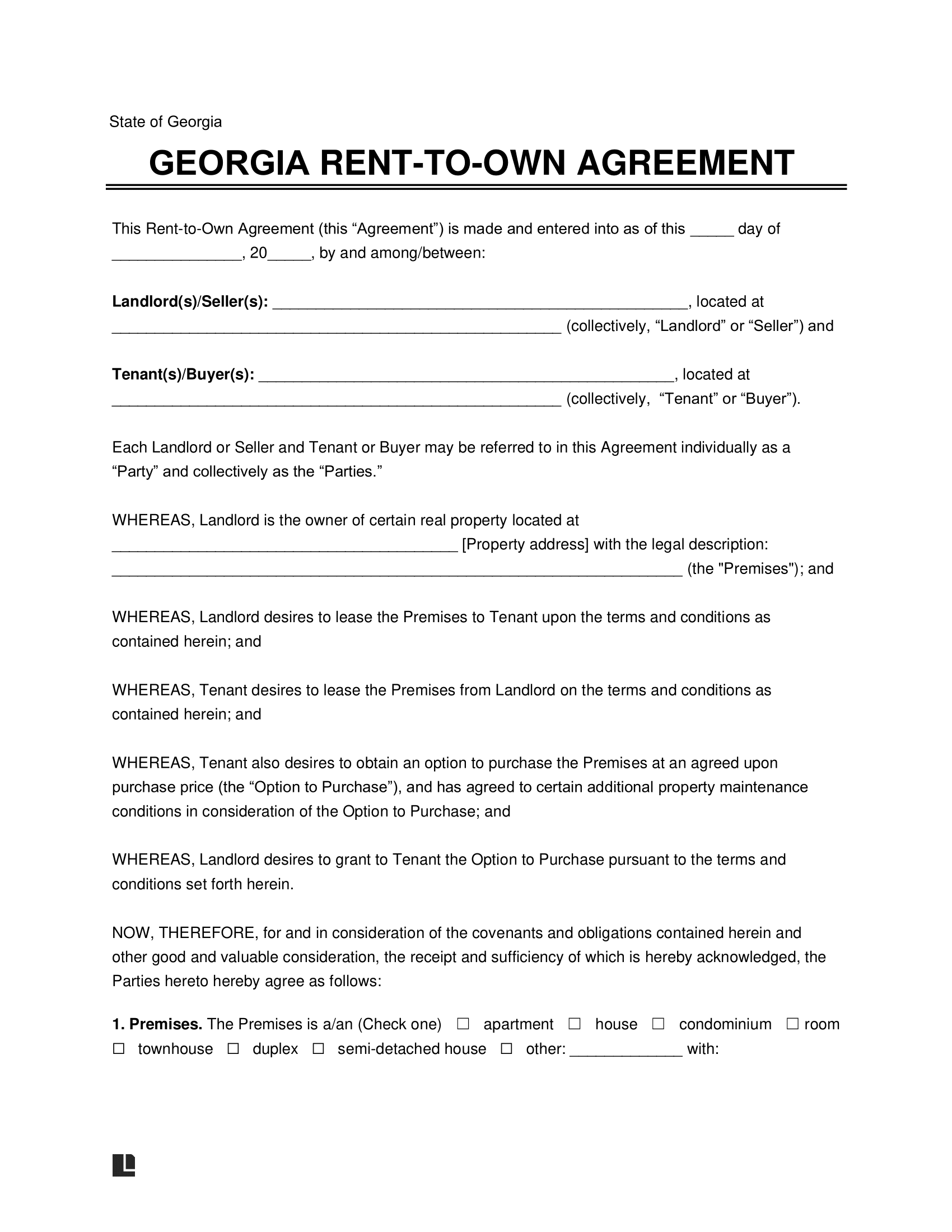 Free Georgia Rent to Own Lease Agreement Template PDF Word