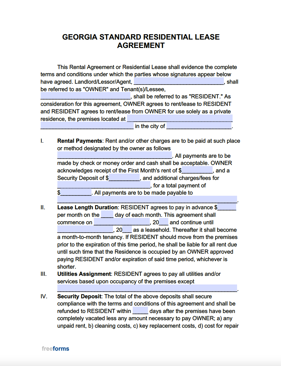 Free Georgia Standard Residential Lease Agreement Template PDF WORD 